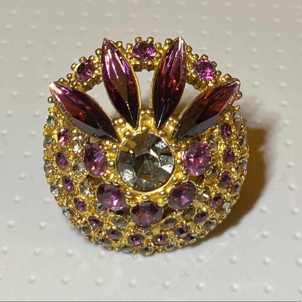 cocktail ring purple & gray jewel stones set in goldtone size 10